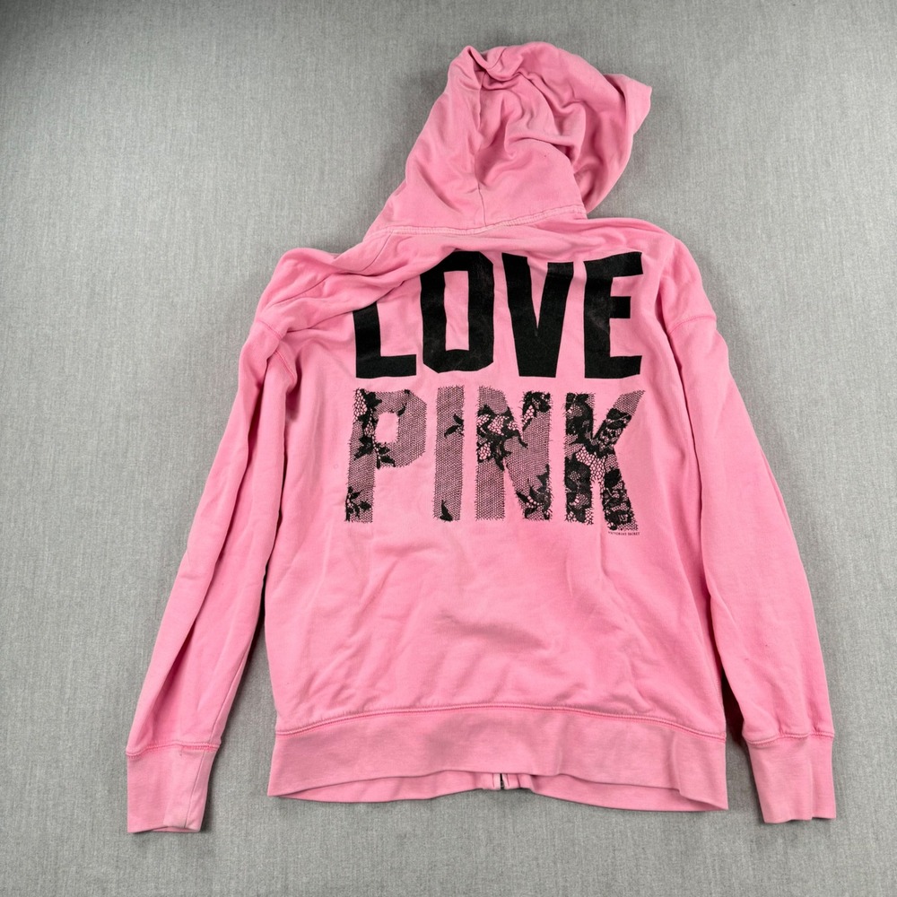 Victorias Secret PINK Full Zip Hoodie Lace Graphic Pink Black Large